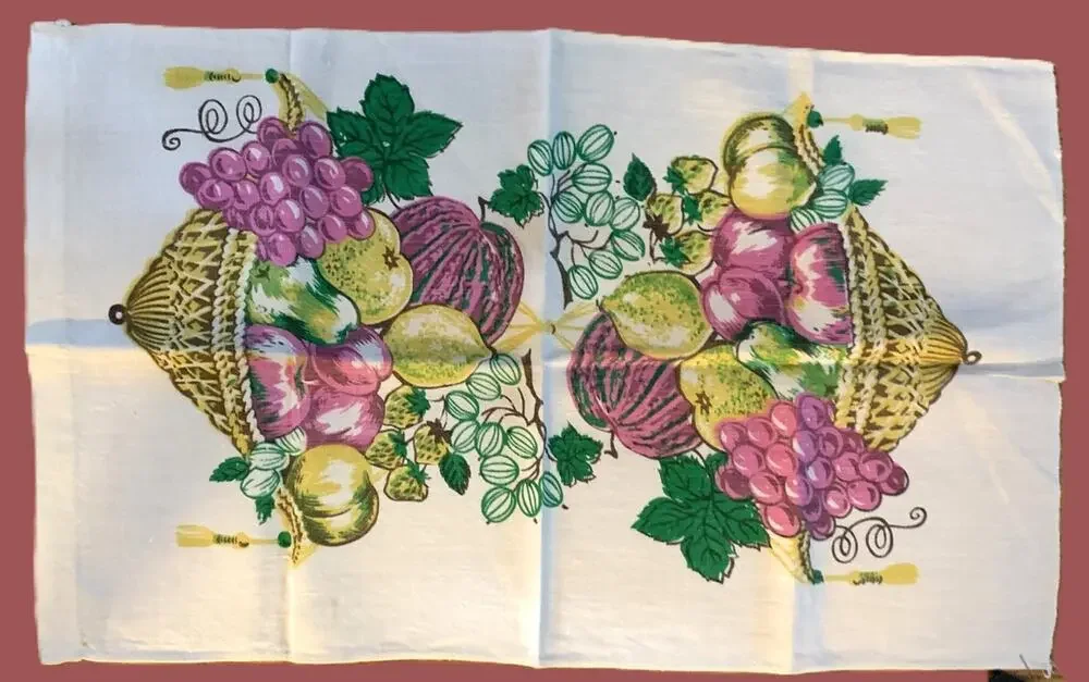 Vintage 50s 60s Kitchen Tea Towel with Antique Glass Designs NEW Unused